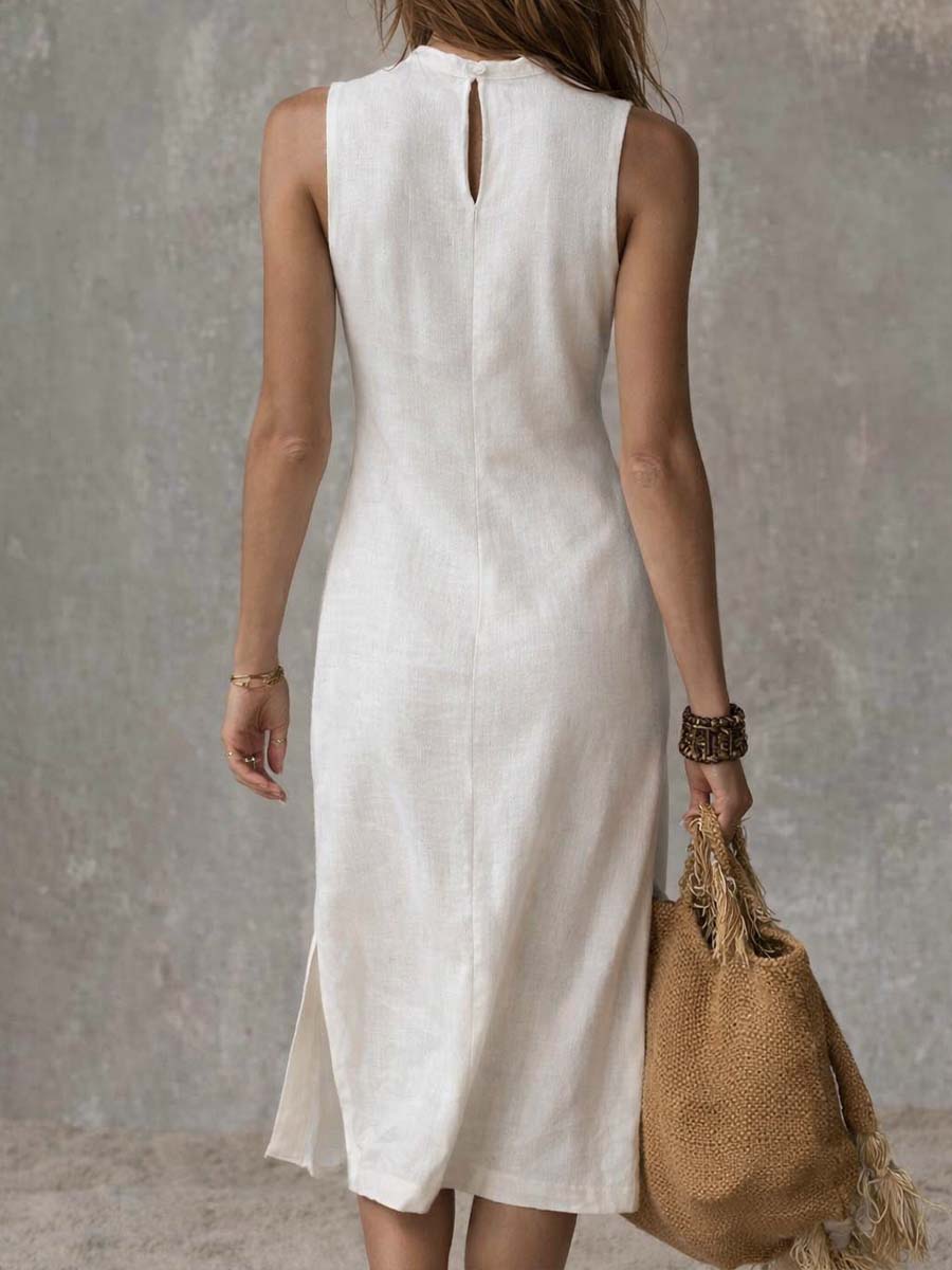 Vestido midi de algodón y lino con cuello alto y abertura lateral