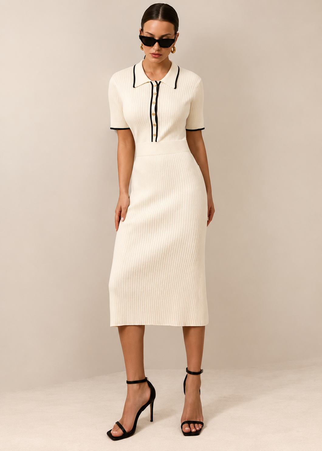 Vestido midi con cuello polo y botones frontales