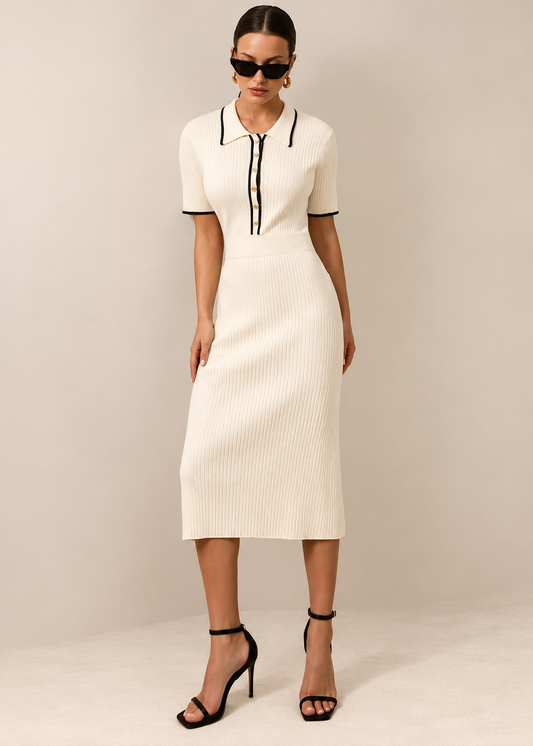 Vestido midi con cuello polo y botones frontales